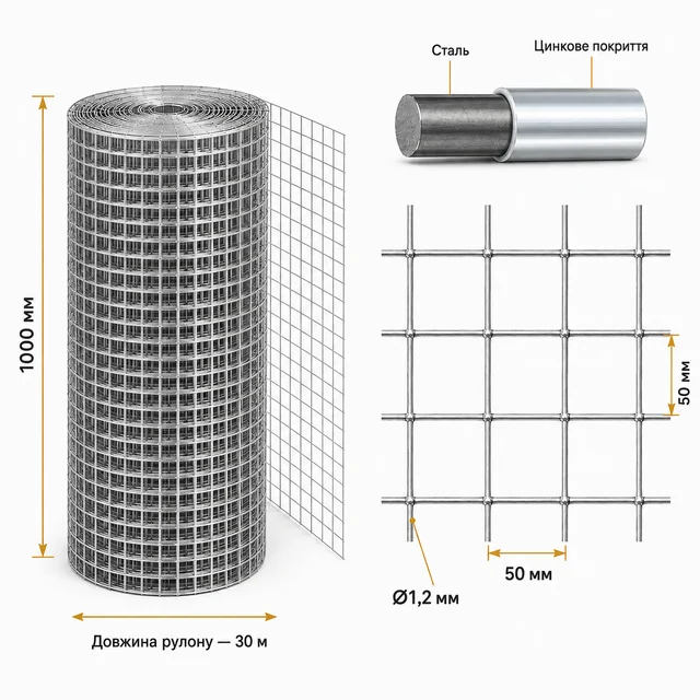 Сварная сетка оцинкованная для клеток яч.50x50х1,2 мм h1х30м