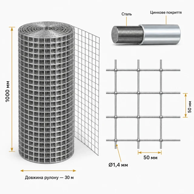 Сварная сетка оцинкованная для кур яч.50x50 Ø 1,4 мм h1х30м