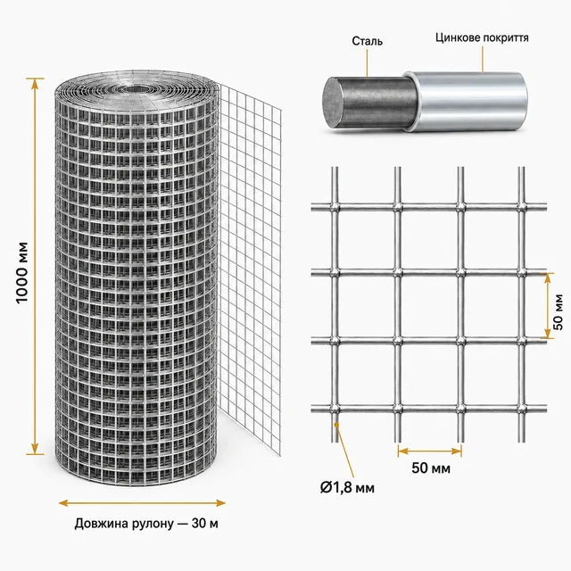 Сварная сетка оцинкованная для клеток яч.50x50 Ø 1,8 мм h1х30м