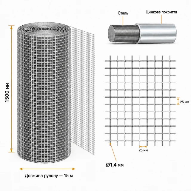 Сварная оцинкованная сетка 25×25×1,4 мм 15×1,5 м для ограждения