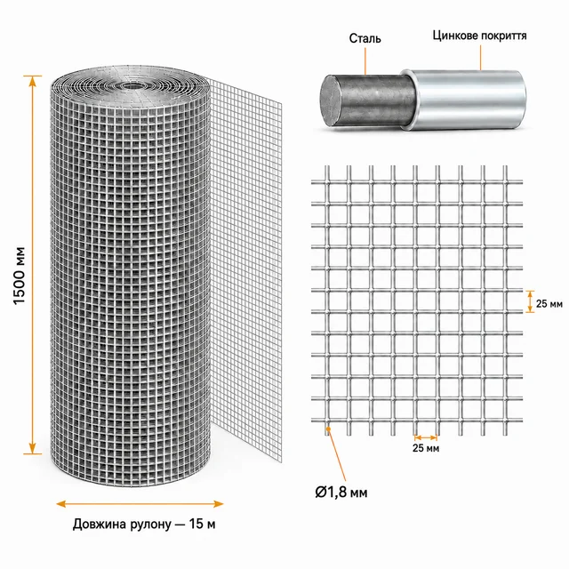 Сварная оцинкованная сетка 25×25×1,8 мм 15×1,5 м для ограждения