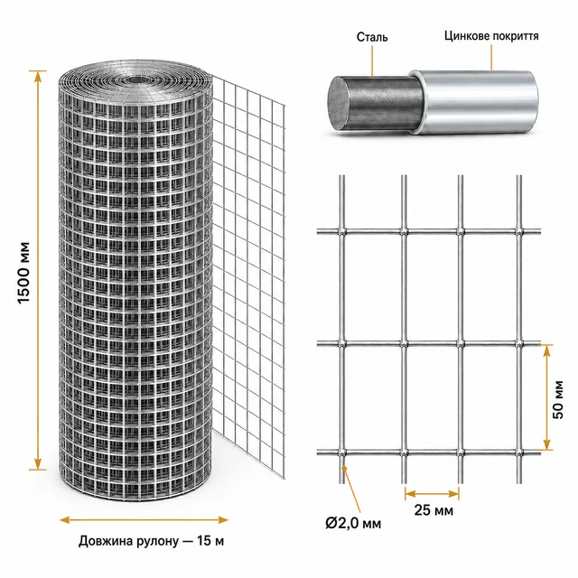 Сварная оцинкованная сетка 50×25×2,0 мм 15×1,5 м для ограждения