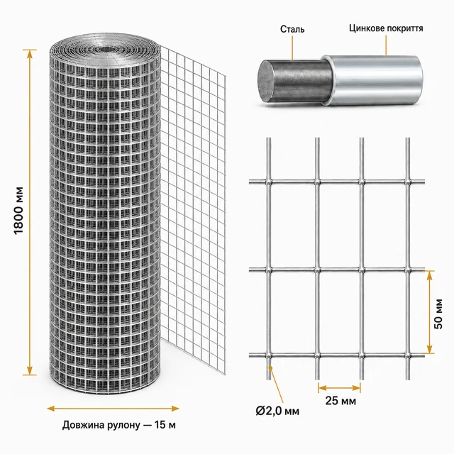 Сварная оцинкованная сетка 50×25×2,0 мм 15×1,8 м для ограждения